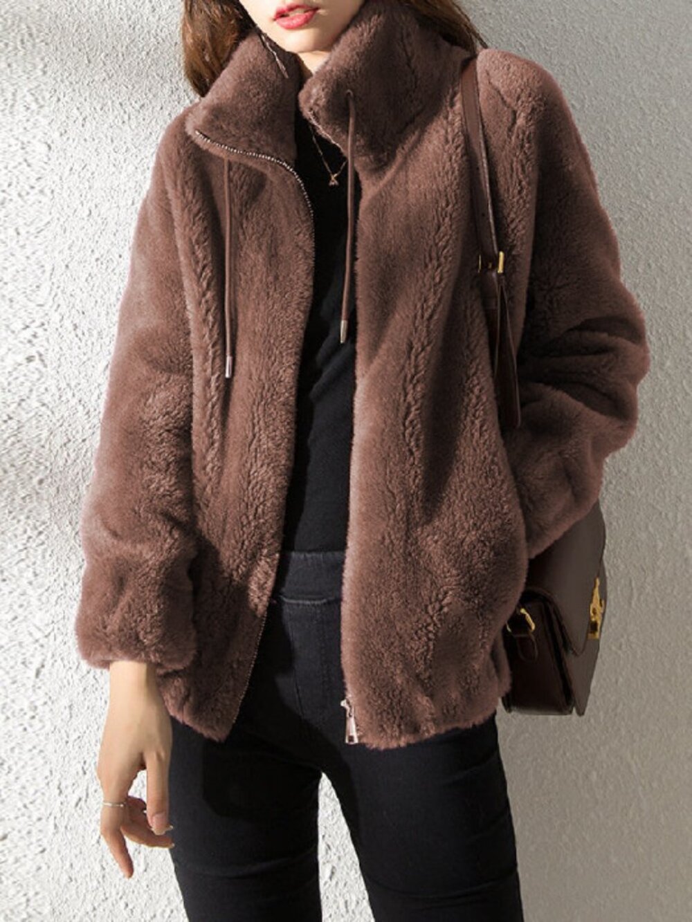 Women's Elegant Coral Fleece Zip-Up Cardigan Sweater